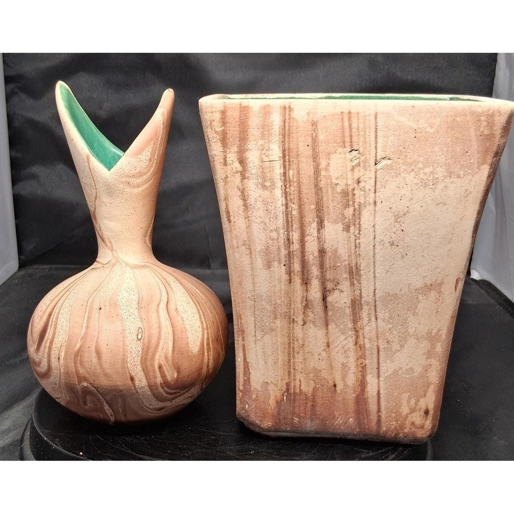 Vintage Romco USA Pottery Set Brown Green Marbleized Planter and Bud Vase 2pc